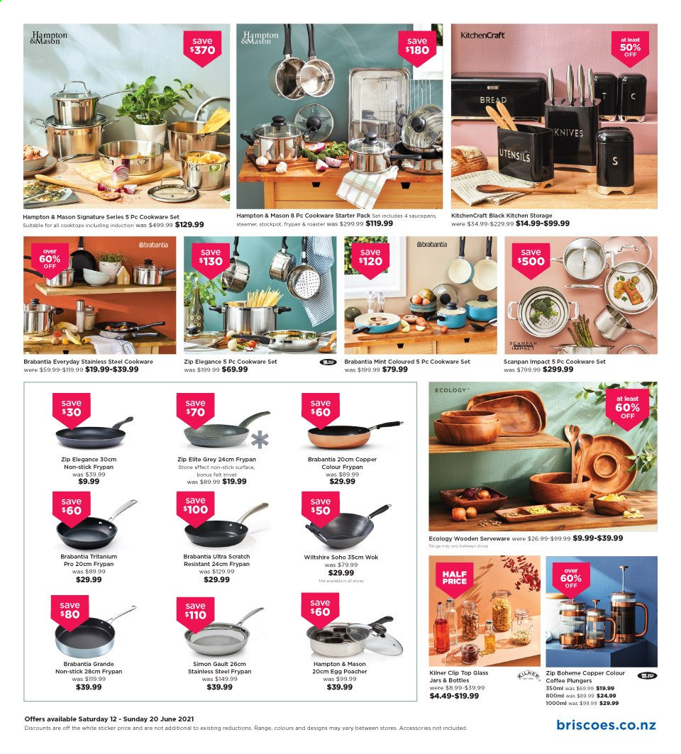 thumbnail - Briscoes mailer - 12.06.2021 - 20.06.2021 - Sales products - Brabantia, cookware set, knife, utensils, wok, stockpot, serveware, Hampton & Mason, frying pan, roaster. Page 3.