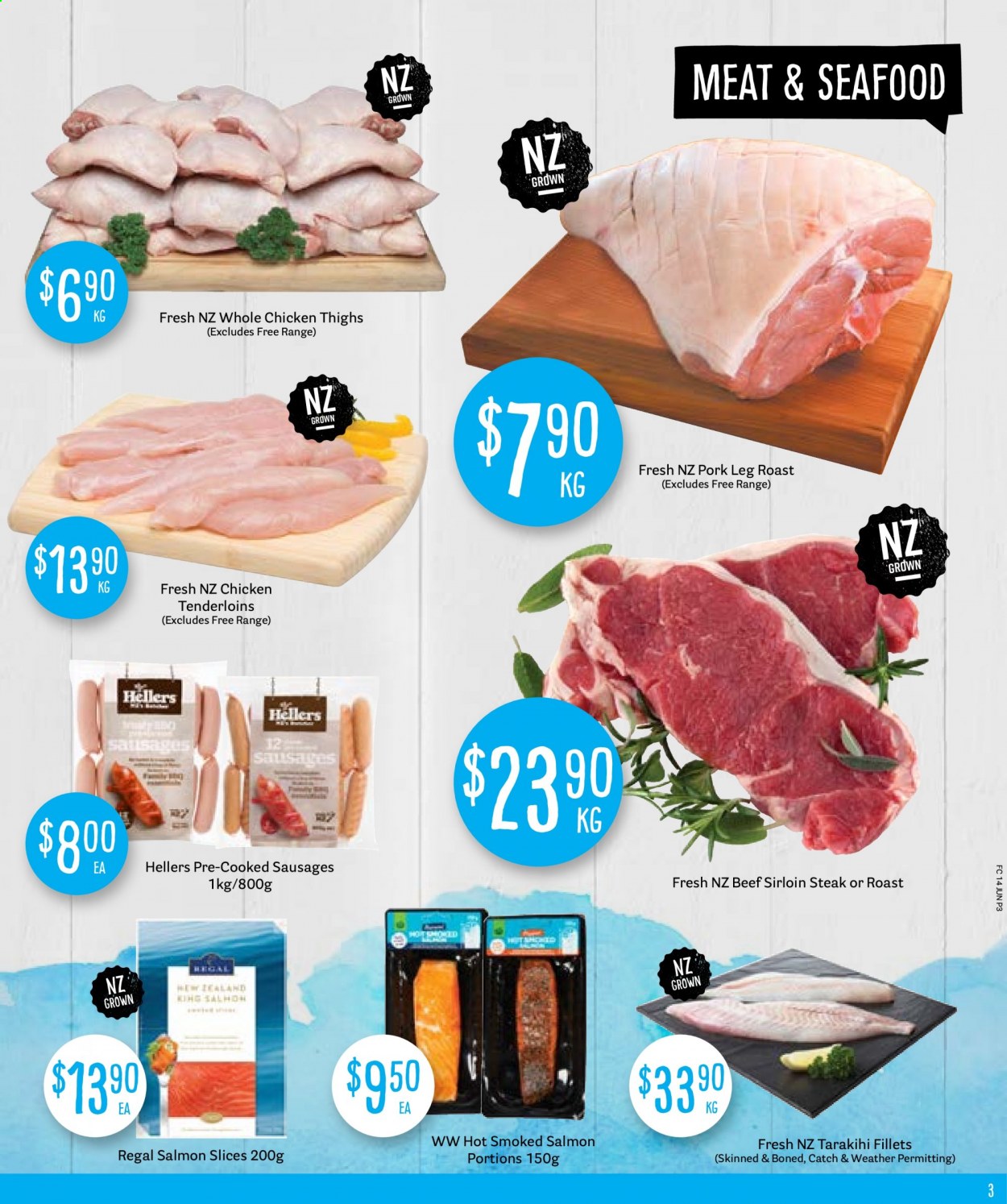 thumbnail - Fresh Choice mailer - 14.06.2021 - 20.06.2021 - Sales products - salmon, smoked salmon, seafood, tarakihi, sausage, whole chicken, chicken thighs, beef meat, beef sirloin, steak, sirloin steak, pork meat, pork leg. Page 3.