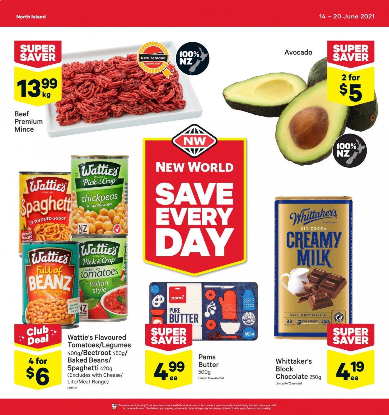 thumbnail - New World mailer - 14.06.2021 - 20.06.2021 - Sales products - beans, tomatoes, beetroot, avocado, spaghetti, sauce, Wattie's, cheese, butter, milk chocolate, chocolate, Whittaker's, cocoa, baked beans, chickpeas. Page 1.