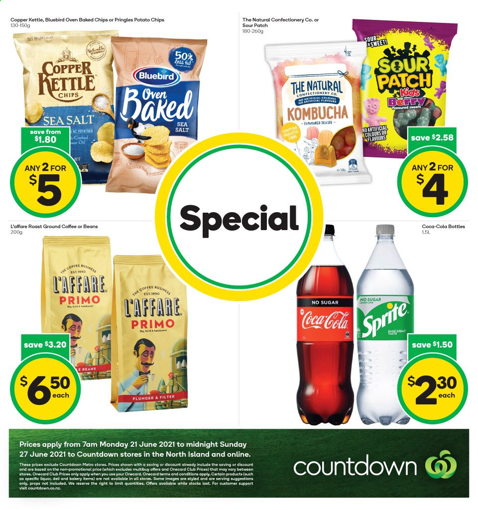 thumbnail - Countdown mailer - 21.06.2021 - 27.06.2021 - Sales products - frozen chips, Sour Patch, potato chips, Pringles, Bluebird, Copper Kettle, Coca-Cola, Sprite, kombucha, coffee, ground coffee, liquor. Page 2.