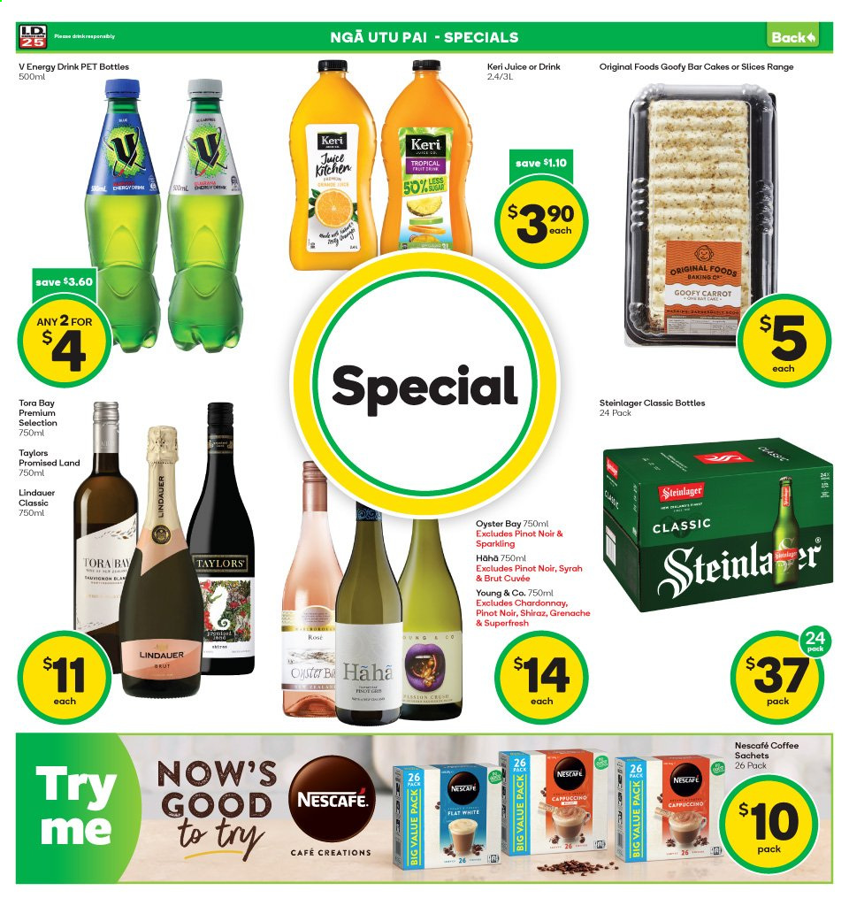 thumbnail - Countdown mailer - 21.06.2021 - 27.06.2021 - Sales products - cake, oysters, juice, energy drink, Oros, cappuccino, coffee, Nescafé, red wine, sparkling wine, white wine, Chardonnay, wine, Pinot Noir, Cuvée, Lindauer, Syrah, Young & Co, Shiraz, Grenache, rosé wine, Steinlager, Rin, Keri, Brut, rose. Page 4.