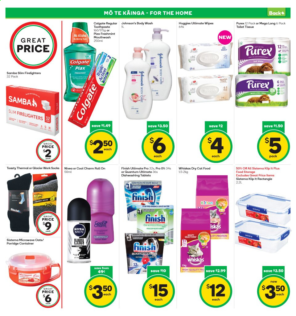 thumbnail - Countdown mailer - 21.06.2021 - 27.06.2021 - Sales products - oats, porridge, alcohol, wipes, Huggies, Johnson's, Nivea, toilet paper, Purex, Finish Quantum Ultimate, body wash, Colgate, toothpaste, mouthwash, Plax, roll-on, animal food, cat food, Whiskas, dry cat food, socks, work socks, firelighter. Page 15.