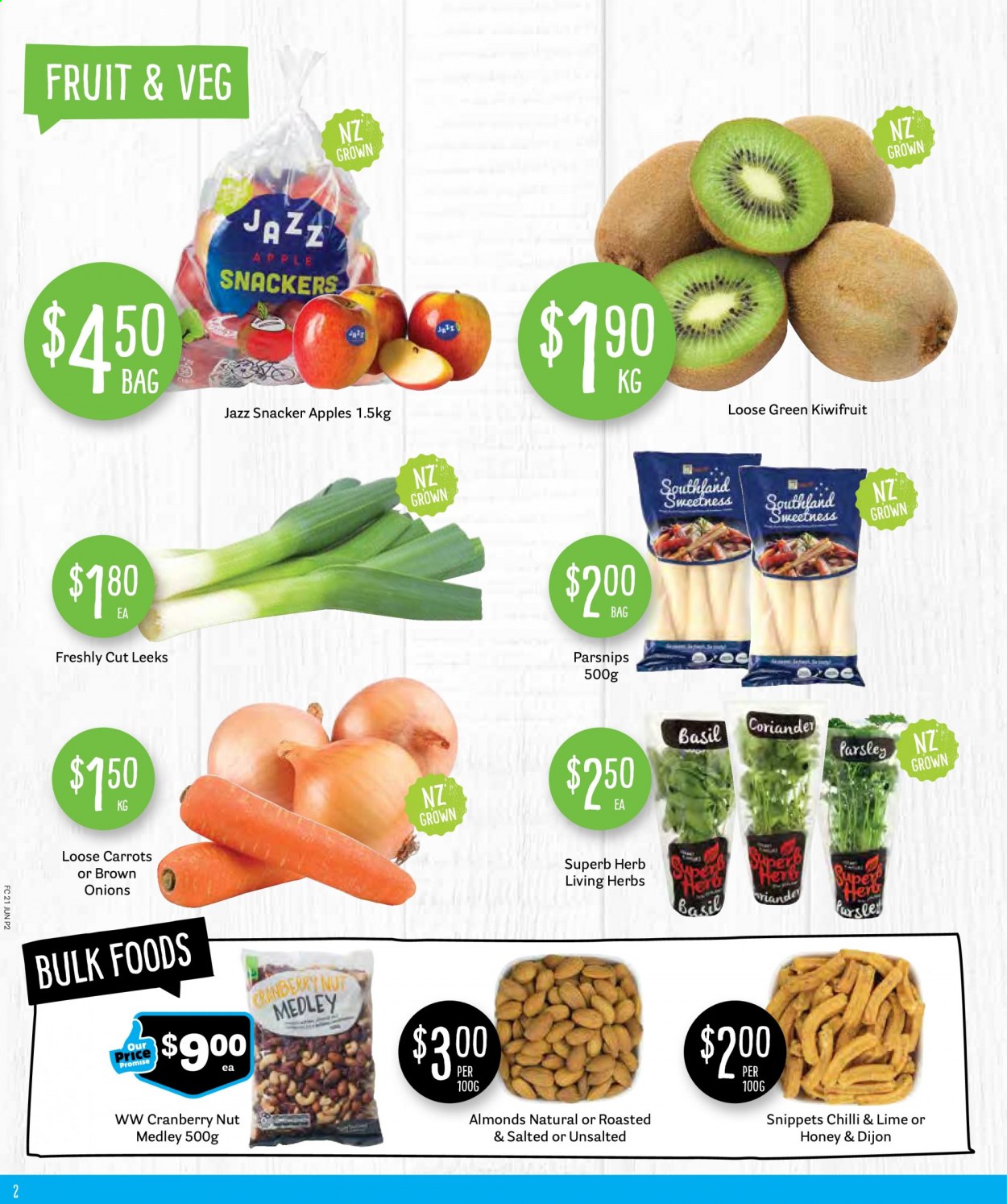 thumbnail - Fresh Choice mailer - 21.06.2021 - 27.06.2021 - Sales products - carrots, parsley, parsnips, onion, kiwi, apples, esponja, herbs, coriander, almonds. Page 2.