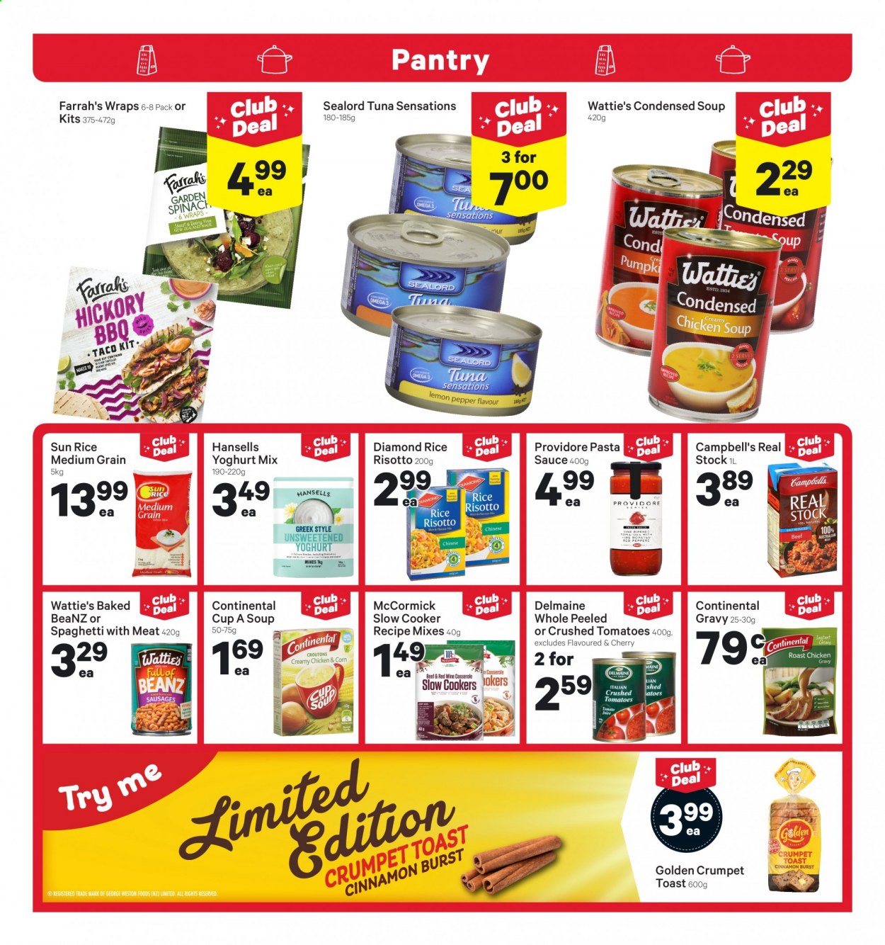 thumbnail - New World mailer - 21.06.2021 - 27.06.2021 - Sales products - wraps, Golden Crumpet, corn, tomatoes, red peppers, cherries, tuna, Sealord, Campbell's, chicken roast, chicken soup, condensed soup, soup, pasta, sauce, Wattie's, Delmaine, instant soup, Continental, sausage, yoghurt, croutons, crushed tomatoes, sealord tuna, rice, cinnamon, tomato juice, juice, Omega-3. Page 12.