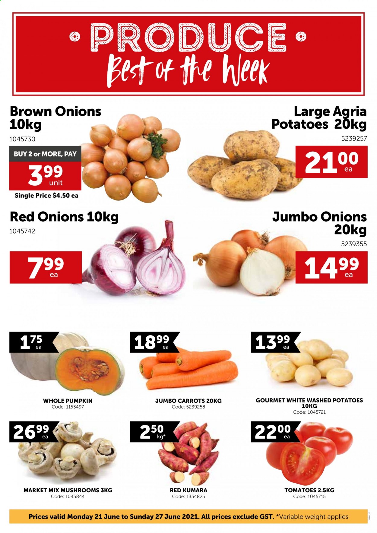 thumbnail - Gilmours mailer - 21.06.2021 - 27.06.2021 - Sales products - mushrooms, carrots, red onions, tomatoes, potatoes, pumpkin, onion. Page 1.