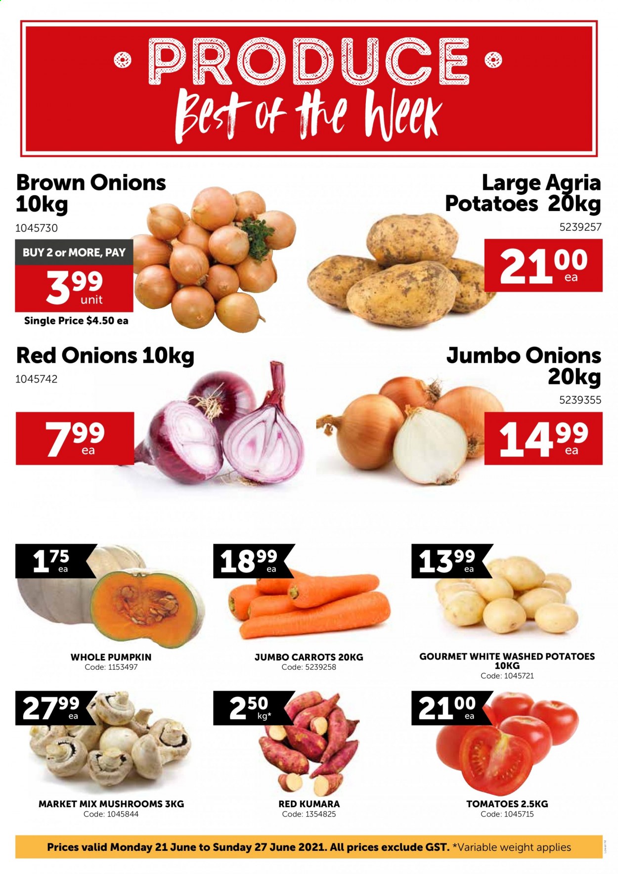 thumbnail - Gilmours mailer - 21.06.2021 - 18.07.2021 - Sales products - mushrooms, carrots, red onions, tomatoes, potatoes, pumpkin, onion. Page 1.