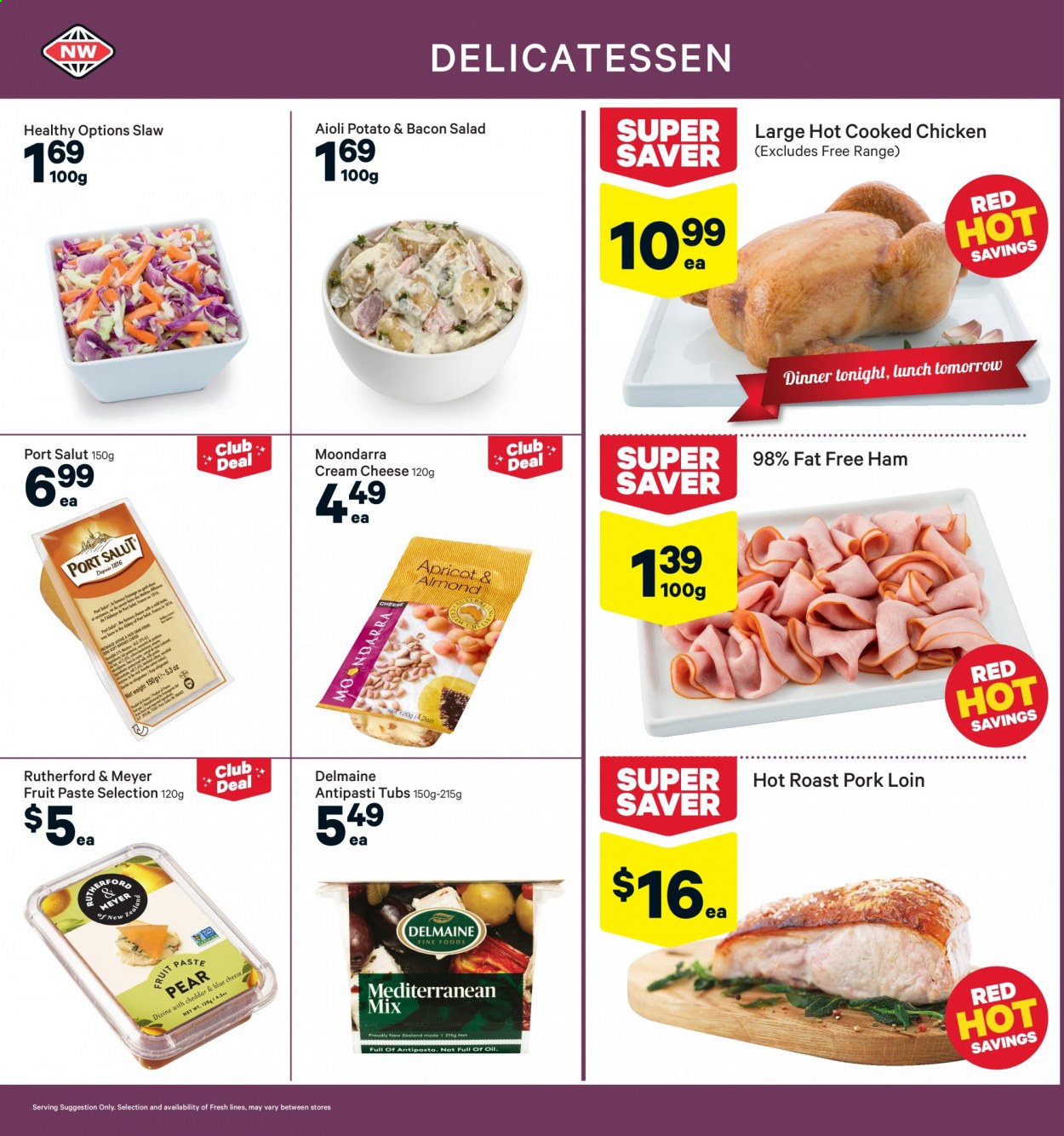 thumbnail - New World mailer - 21.06.2021 - 27.06.2021 - Sales products - salad, pears, Delmaine, bacon, blue cheese, cream cheese, cheese, pork loin, pork meat. Page 12.