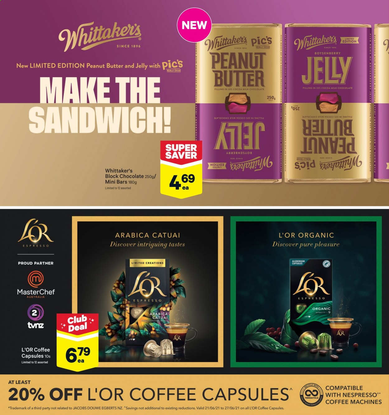 thumbnail - New World mailer - 21.06.2021 - 27.06.2021 - Sales products - sandwich, milk chocolate, chocolate, jelly, Whittaker's, cocoa, peanut butter, coffee, Jacobs, Douwe Egberts, coffee capsules, L'Or. Page 14.