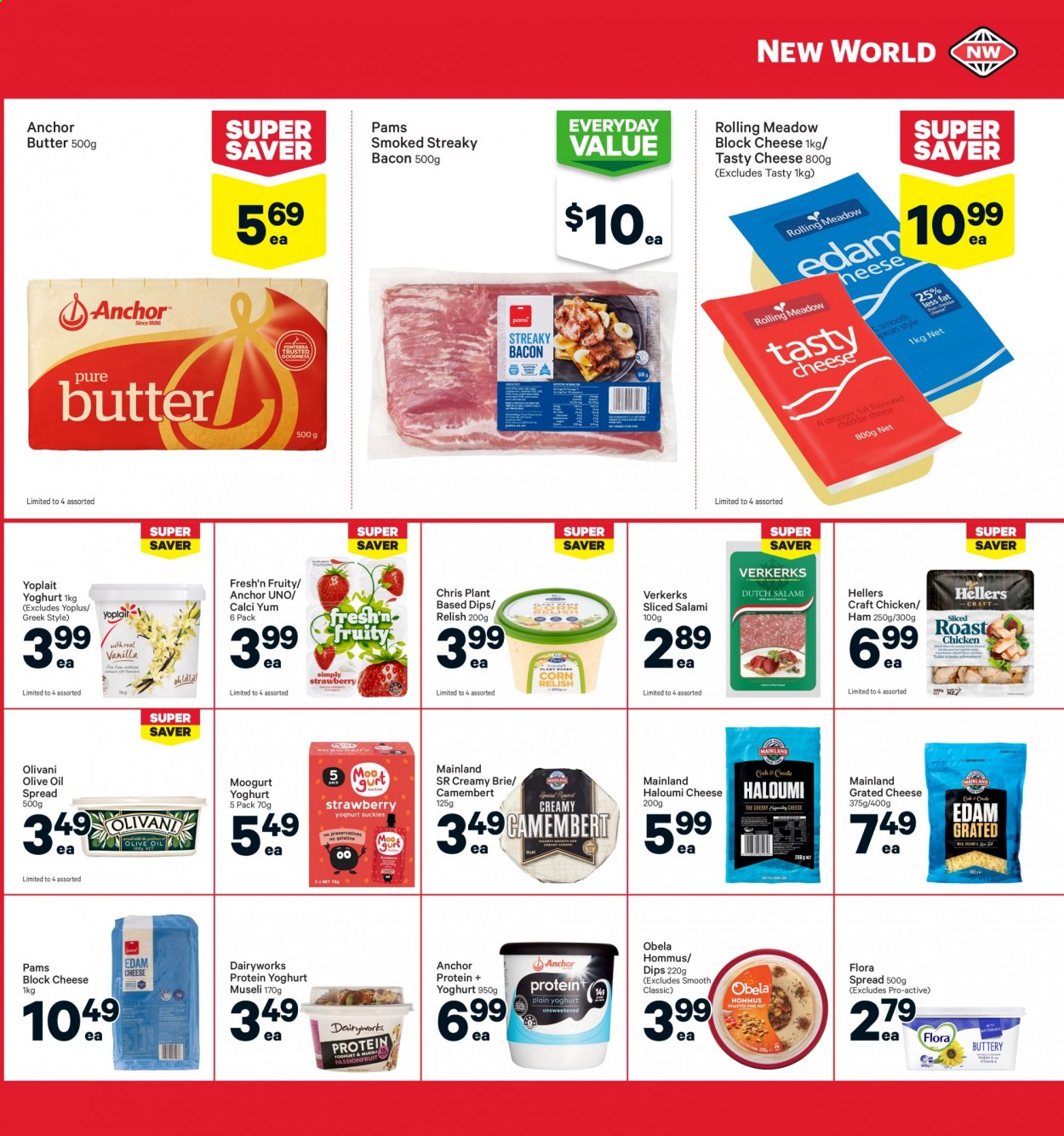 thumbnail - New World mailer - 21.06.2021 - 27.06.2021 - Sales products - bacon, salami, ham, streaky bacon, hummus, Obela, camembert, cheese, brie, grated cheese, yoghurt, Fresh'n Fruity, Yoplait, butter, Flora, Anchor, olive oil, oil. Page 25.