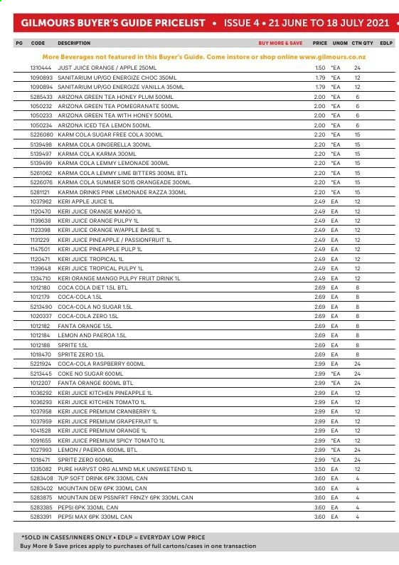 thumbnail - Gilmours mailer - 21.06.2021 - 18.07.2021 - Sales products - grapefruits, mango, pineapple, pomegranate, apple juice, Coca-Cola, lemonade, Mountain Dew, Sprite, Pepsi, juice, Fanta, fruit drink, ice tea, Pepsi Max, soft drink, Coca-Cola zero, 7UP, AriZona, green tea. Page 17.