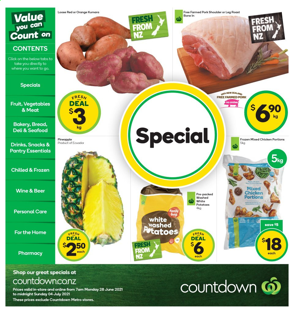 thumbnail - Countdown mailer - 28.06.2021 - 04.07.2021 - Sales products - potatoes, pineapple, oranges, snack, wine, beer, pork meat, pork shoulder. Page 1.