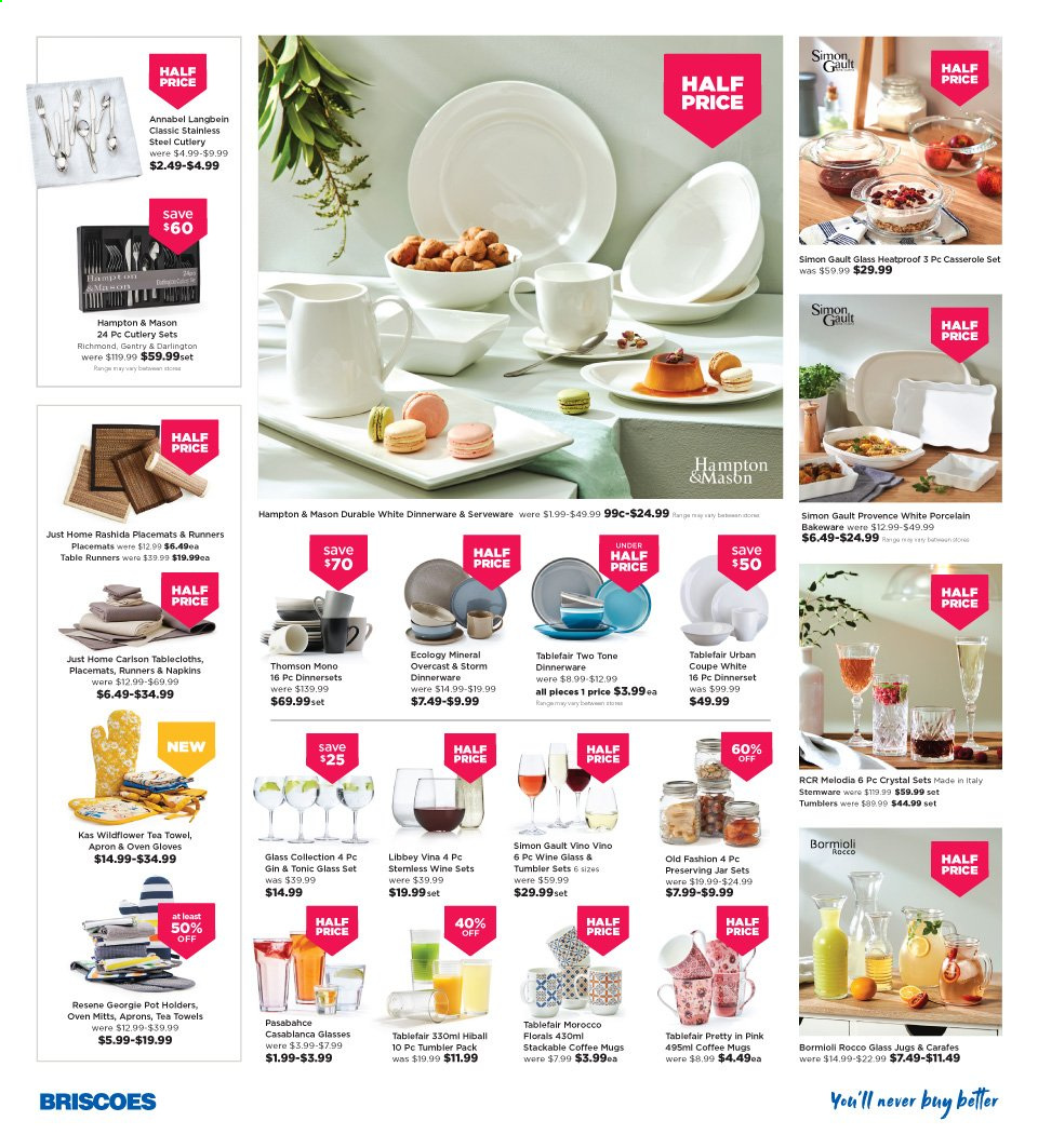 thumbnail - Briscoes mailer - 26.06.2021 - 05.07.2021 - Sales products - table, placemat, dinnerware set, tumbler, wine glass, pot, oven mitt, casserole, cutlery set, serveware, bakeware, Hampton & Mason, table runner, tablecloth, napkins, tea towels, oven. Page 2.