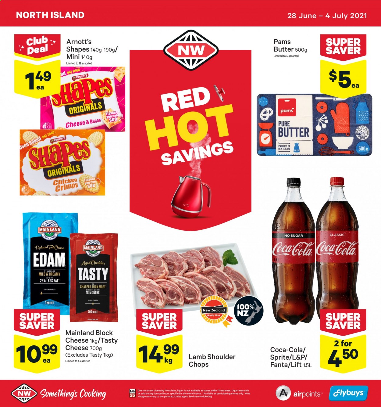 thumbnail - New World mailer - 28.06.2021 - 04.07.2021 - Sales products - bacon, edam cheese, cheddar, butter, Coca-Cola, Sprite, Fanta, L&P, wine, lamb meat, lamb shoulder. Page 1.