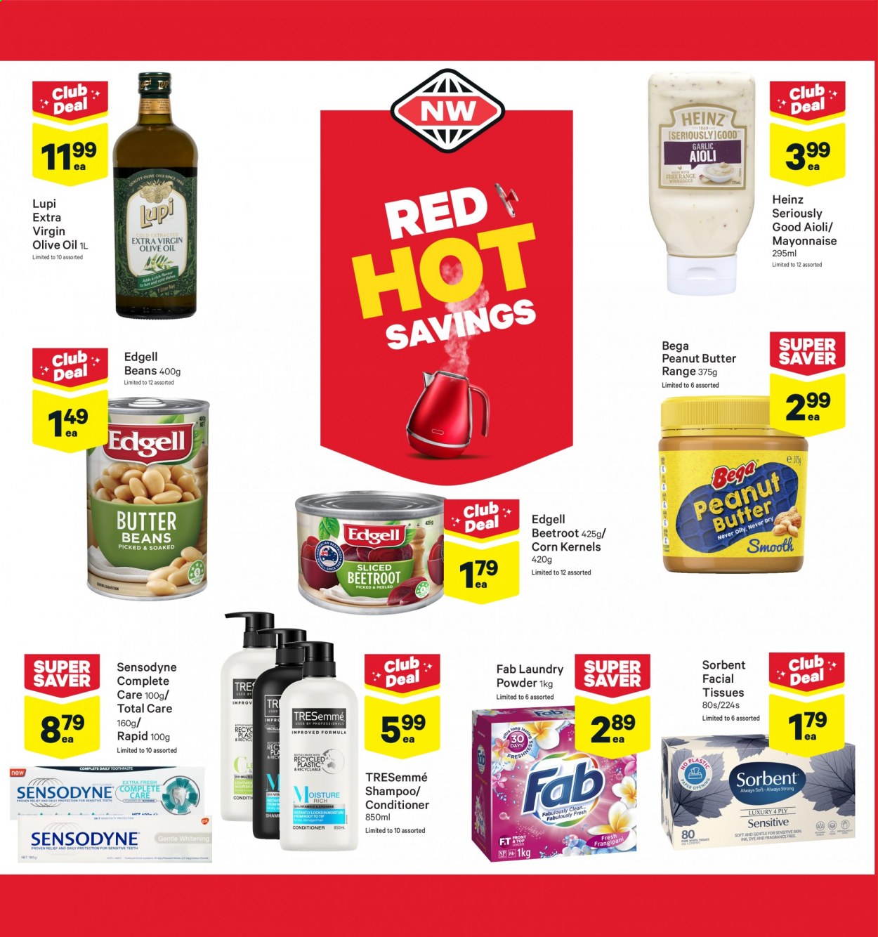 thumbnail - New World mailer - 28.06.2021 - 04.07.2021 - Sales products - beans, corn, garlic, beetroot, eggs, mayonnaise, Heinz, extra virgin olive oil, olive oil, oil, peanut butter, tissues, shampoo, toothpaste, Sensodyne, facial tissues, conditioner, TRESemmé. Page 4.