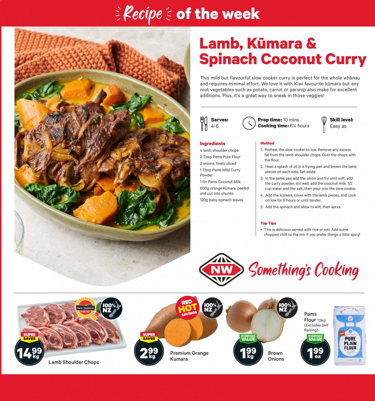 thumbnail - New World mailer - 28.06.2021 - 04.07.2021 - Sales products - parsnips, kiwi, oranges, flour, salt, coconut milk, curry powder, lamb meat, lamb shoulder. Page 7.