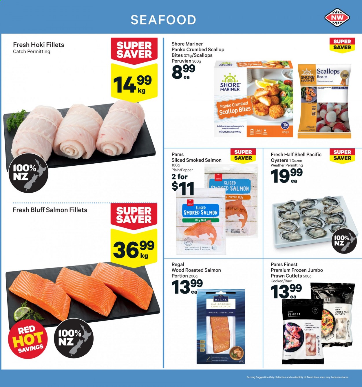 thumbnail - New World mailer - 28.06.2021 - 04.07.2021 - Sales products - panko breadcrumbs, salmon, salmon fillet, scallops, smoked salmon, oysters, seafood, prawns, fish, hoki fish, Shore Mariner, pepper. Page 9.