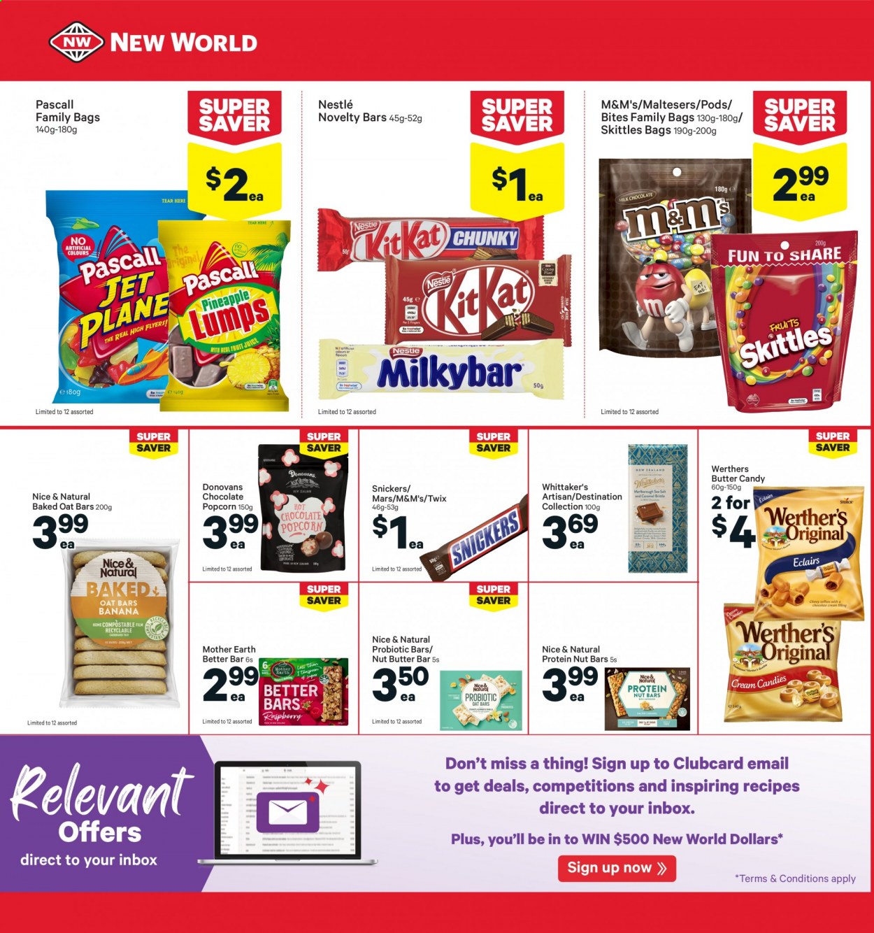thumbnail - New World mailer - 28.06.2021 - 04.07.2021 - Sales products - Nestlé, chocolate, Snickers, Twix, Mars, M&M's, Maltesers, Mother Earth, Whittaker's, Donovans, Skittles, popcorn, nut bar. Page 16.