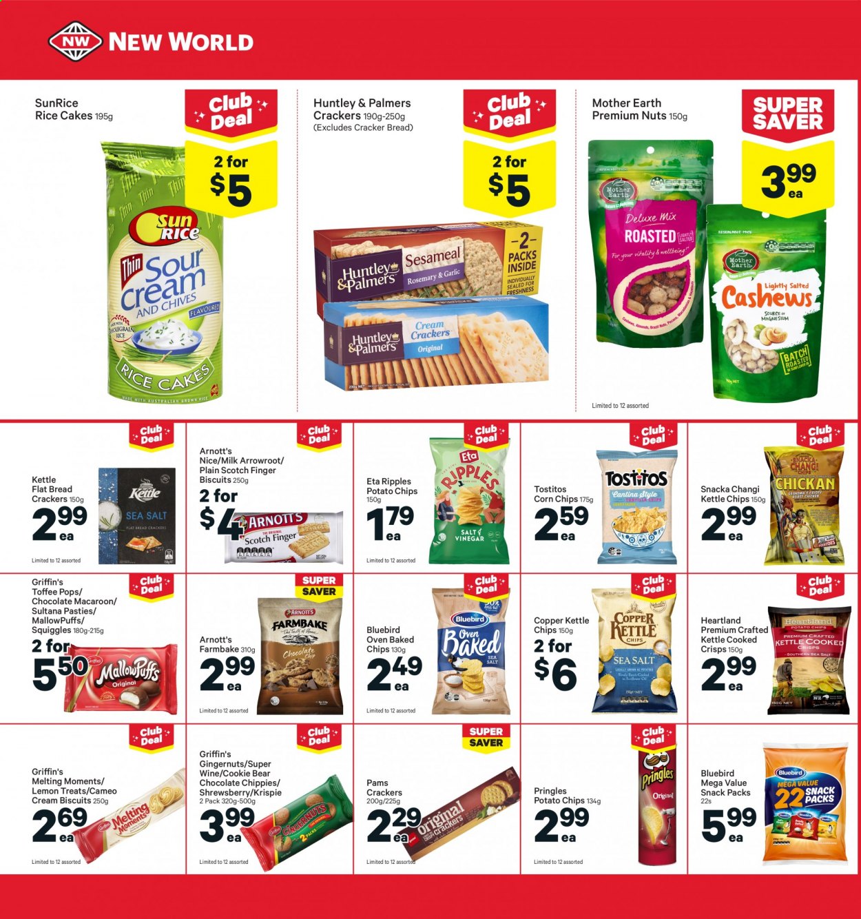 thumbnail - New World mailer - 28.06.2021 - 04.07.2021 - Sales products - bread, milk, chocolate, snack, toffee, crackers, biscuit, MallowPuffs, Griffin's, Mother Earth, potato chips, Pringles, chips, corn chips, Heartland, Bluebird, Copper Kettle, Tostitos, rice, wine. Page 18.