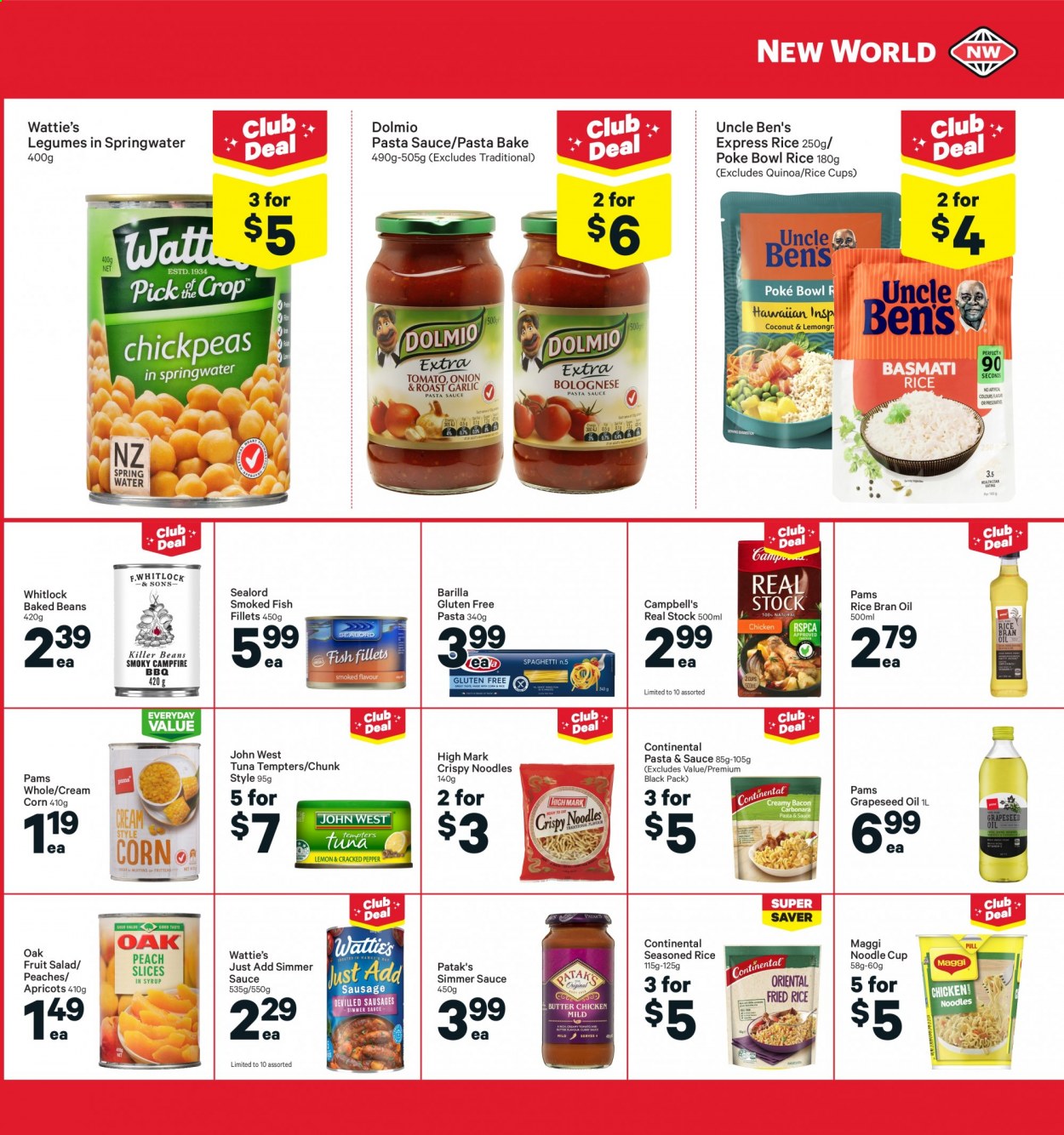 thumbnail - New World mailer - 28.06.2021 - 04.07.2021 - Sales products - beans, corn, salad, apricots, peaches, fish fillets, tuna, fish, Sealord, Campbell's, pasta sauce, Barilla, noodles, Wattie's, Continental, Maggi, baked beans, Uncle Ben's, fruit salad, quinoa, oil, grape seed oil, rais oil. Page 23.