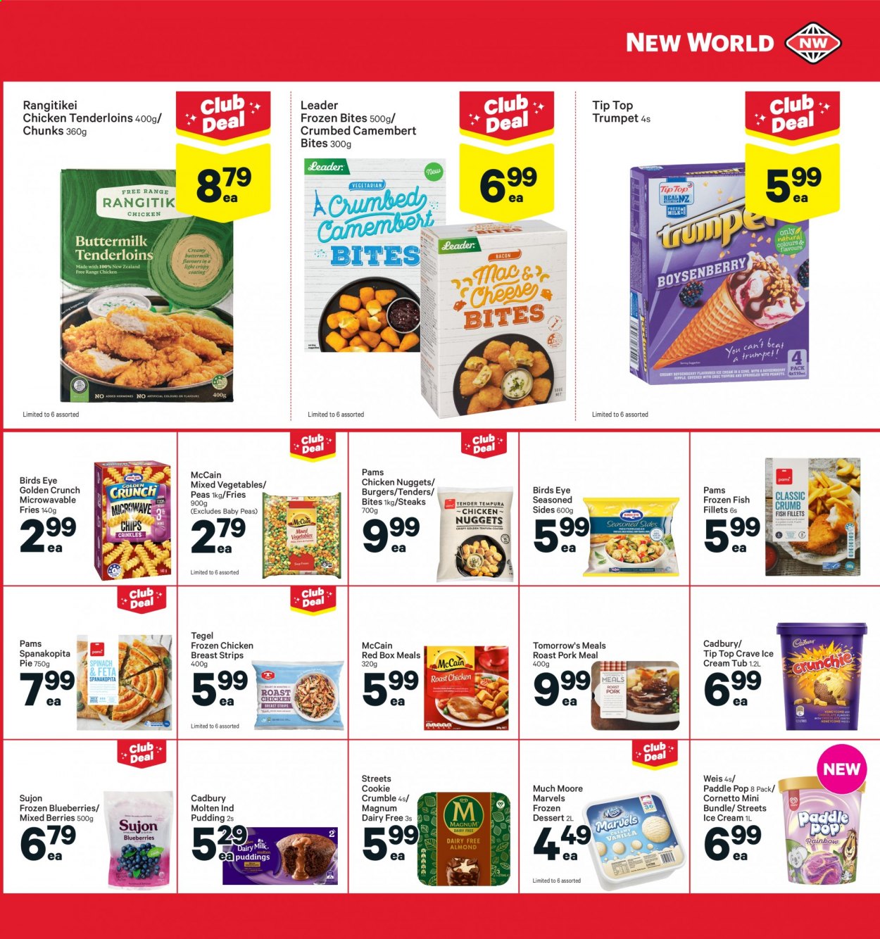 thumbnail - New World mailer - 28.06.2021 - 04.07.2021 - Sales products - pie, Tip Top, peas, blueberries, fish fillets, fish, nuggets, hamburger, chicken nuggets, Bird's Eye, camembert, pudding, Magnum, ice cream, Cornetto, Much Moore, mixed vegetables, strips, McCain, potato fries, Cadbury, steak. Page 25.