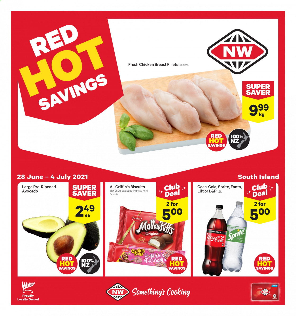 thumbnail - New World mailer - 28.06.2021 - 04.07.2021 - Sales products - donut, avocado, biscuit, Griffin's, Coca-Cola, Sprite, Fanta, L&P, chicken breasts. Page 1.