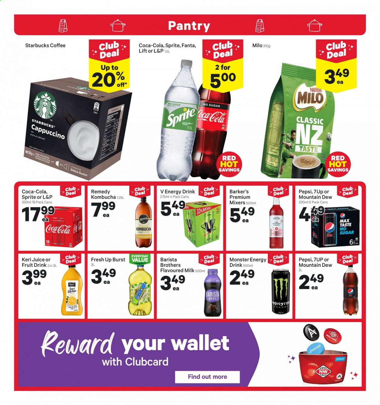 thumbnail - New World mailer - 28.06.2021 - 04.07.2021 - Sales products - ginger, grapefruits, milk, flavoured milk, Milo, Nestlé, chocolate, Coca-Cola, Mountain Dew, Sprite, Pepsi, juice, energy drink, Monster, Fanta, fruit drink, 7UP, L&P, Monster Energy, kombucha, cappuccino, coffee, Nescafé, Dolce Gusto, Starbucks, BROTHERS, Keri. Page 11.