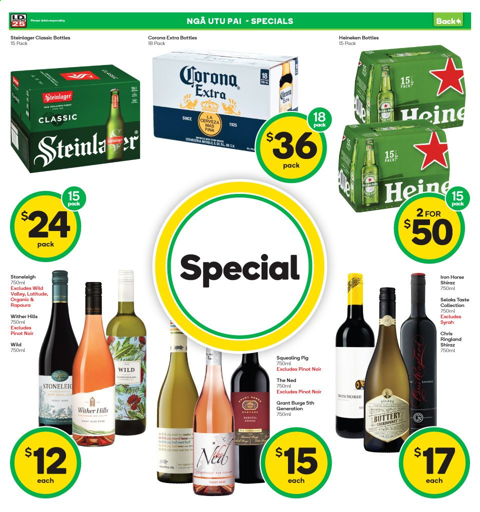 thumbnail - Countdown mailer - 05.07.2021 - 11.07.2021 - Sales products - Wither Hills, Chardonnay, Pinot Noir, Shiraz, Syrah, red wine, white wine, wine, Steinlager, Heineken, Corona Extra, beer, Hill's. Page 4.
