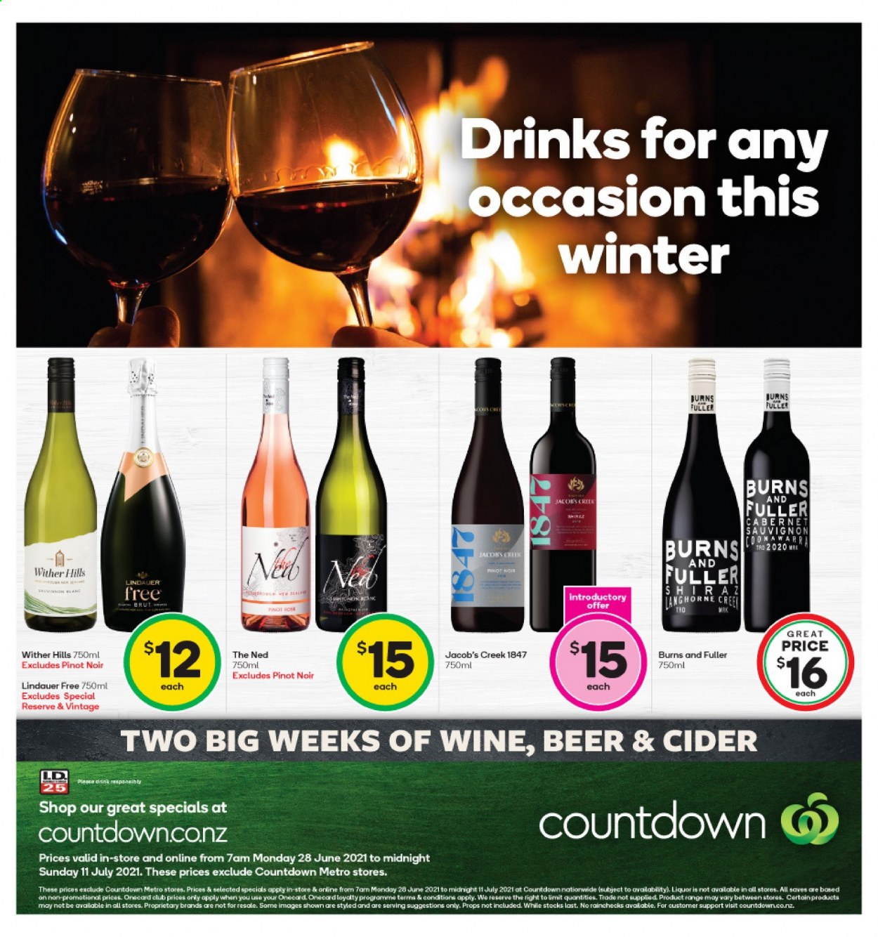 thumbnail - Countdown mailer - 28.06.2021 - 11.07.2021 - Sales products - Cabernet Sauvignon, red wine, sparkling wine, Pinot Noir, Lindauer, Wither Hills, Jacob's Creek, liquor, cider, Brut, Hill's. Page 1.