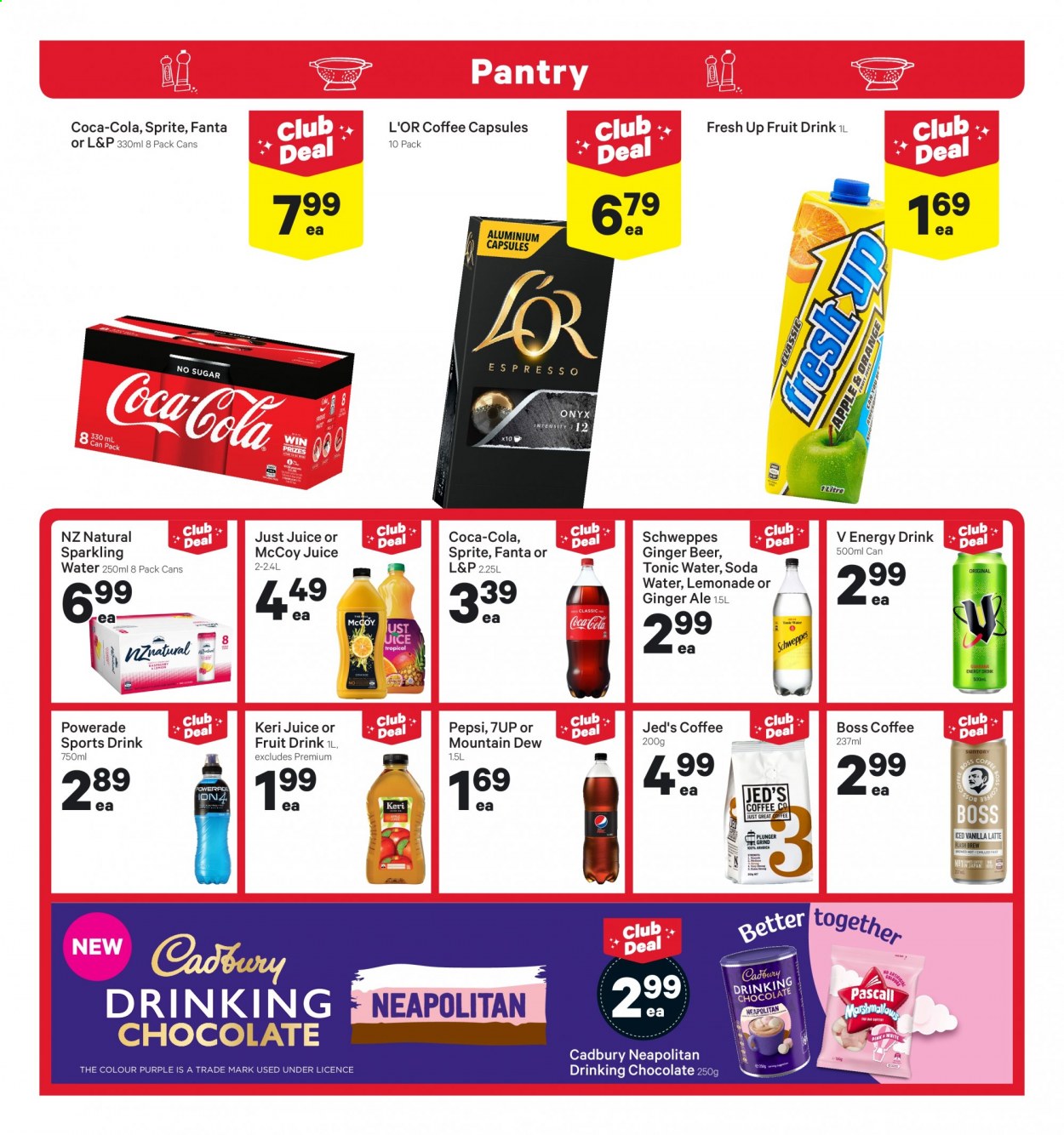 thumbnail - New World mailer - 05.07.2021 - 11.07.2021 - Sales products - ginger beer, chocolate, Cadbury, Coca-Cola, ginger ale, lemonade, Mountain Dew, Schweppes, Sprite, Powerade, Pepsi, juice, energy drink, Fanta, fruit drink, tonic, 7UP, L&P, soda, sparkling water, hot chocolate, coffee, coffee capsules, L'Or, beer, Keri. Page 10.