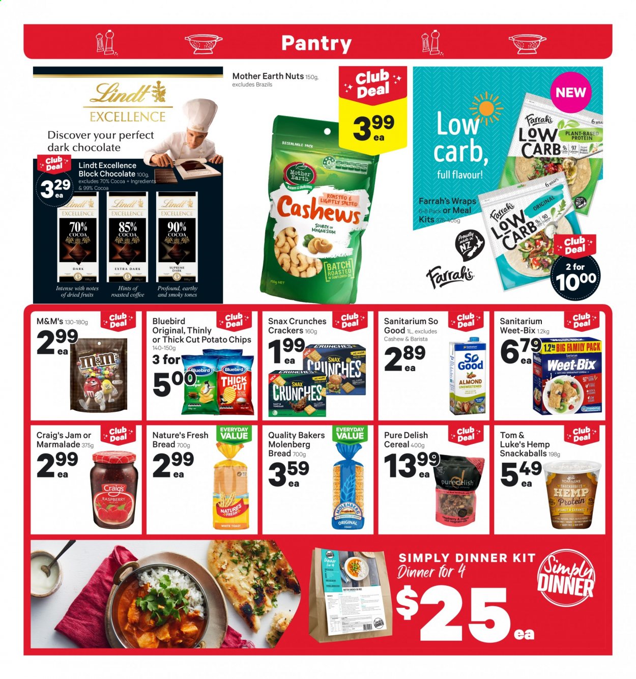 thumbnail - New World mailer - 05.07.2021 - 11.07.2021 - Sales products - wraps, dinner kit, butter, chocolate, Lindt, M&M's, crackers, dark chocolate, Mother Earth, potato chips, chips, Bluebird, cereals, Weet-Bix, caramel, fruit jam, cashews, brazil nuts, magnesium. Page 12.