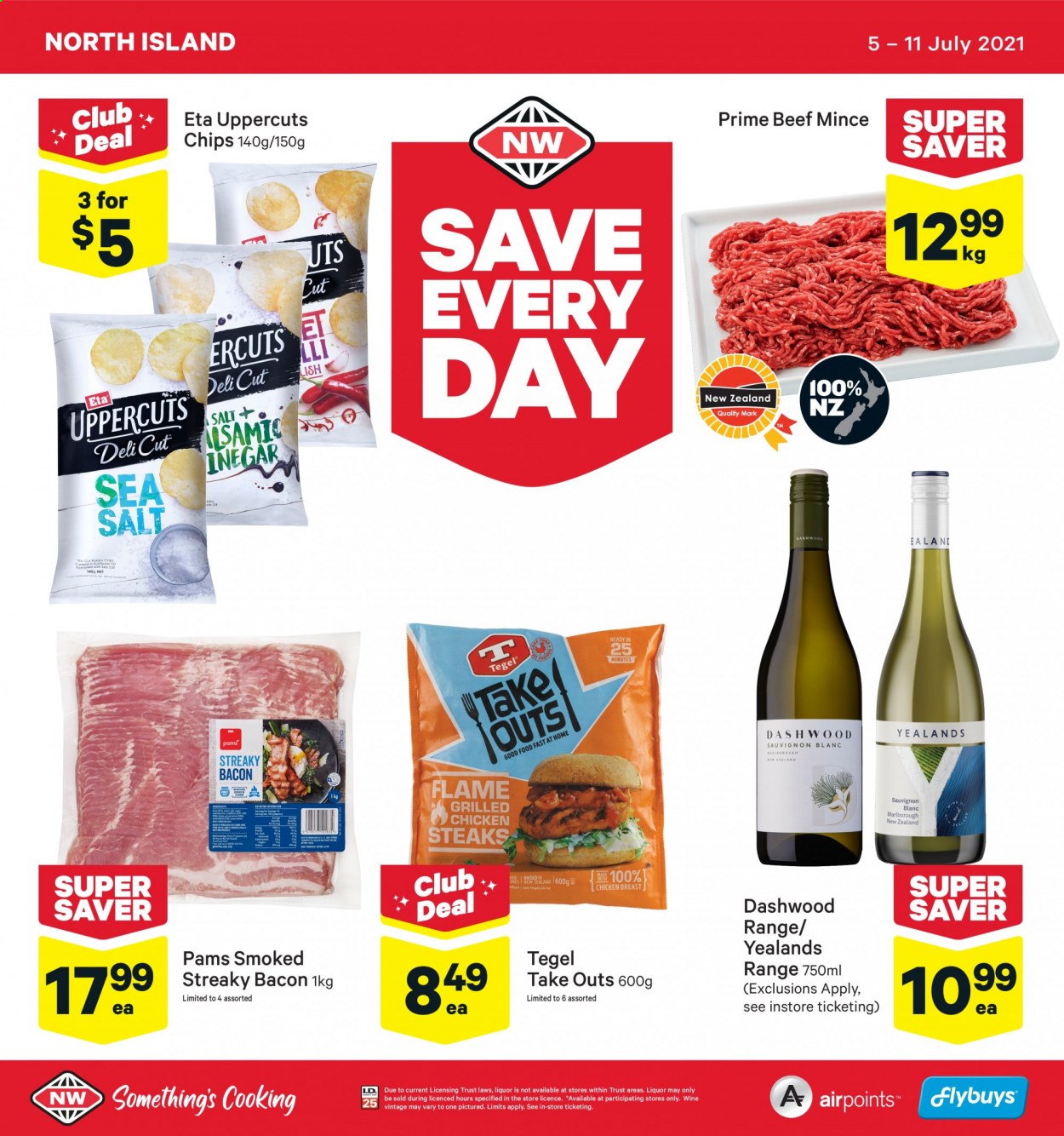 thumbnail - New World mailer - 05.07.2021 - 11.07.2021 - Sales products - bacon, streaky bacon, chips, white wine, wine, Sauvignon Blanc, chicken breasts, beef meat, ground beef, steak. Page 1.