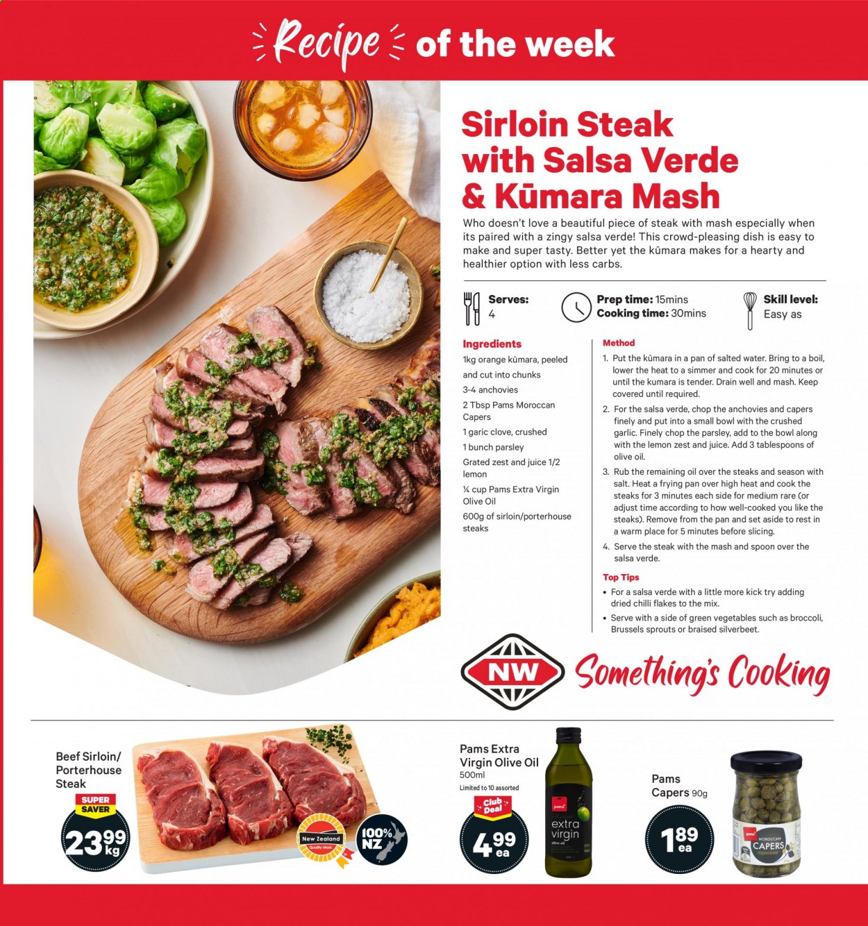 thumbnail - New World mailer - 05.07.2021 - 11.07.2021 - Sales products - garlic, parsley, oranges, anchovies, capers, cloves, salsa, extra virgin olive oil, oil, beef meat, beef sirloin, steak, portehouse steak, sirloin steak. Page 5.