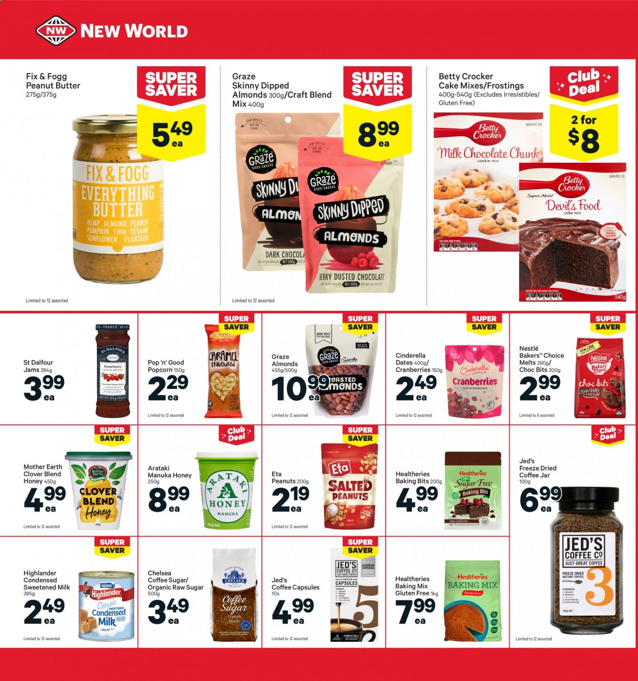 thumbnail - New World mailer - 05.07.2021 - 11.07.2021 - Sales products - cake, Clover, milk, Nestlé, Mother Earth, popcorn, cranberries, peanut butter, Manuka Honey, almonds, peanuts, Graze, coffee, coffee capsules, Raw Sugar. Page 16.