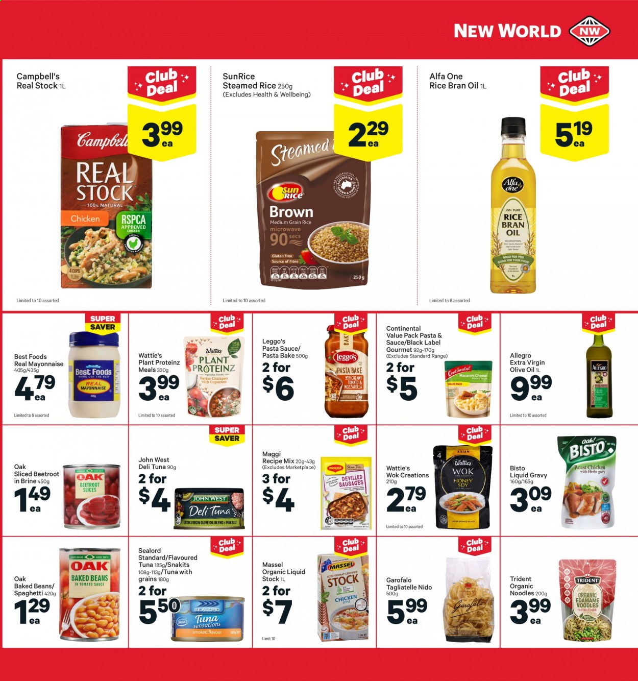 thumbnail - New World mailer - 05.07.2021 - 11.07.2021 - Sales products - beans, tuna, Sealord, Campbell's, spaghetti, pasta sauce, noodles, Wattie's, Continental, mayonnaise, Trident, Maggi, baked beans, extra virgin olive oil, olive oil, oil, rais oil. Page 17.