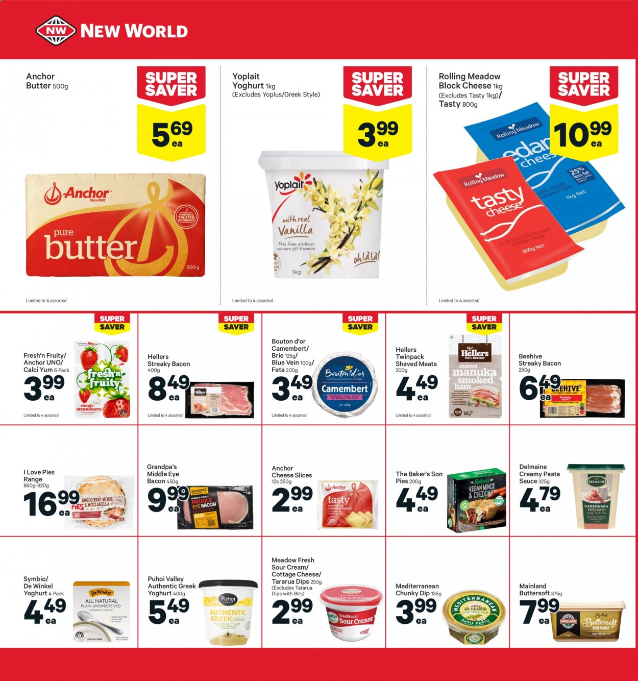 thumbnail - New World mailer - 05.07.2021 - 11.07.2021 - Sales products - pasta sauce, sauce, Delmaine, bacon, streaky bacon, camembert, cottage cheese, sliced cheese, cheese, brie, feta, greek yoghurt, yoghurt, Fresh'n Fruity, Yoplait, butter, Anchor, sour cream, dip. Page 20.