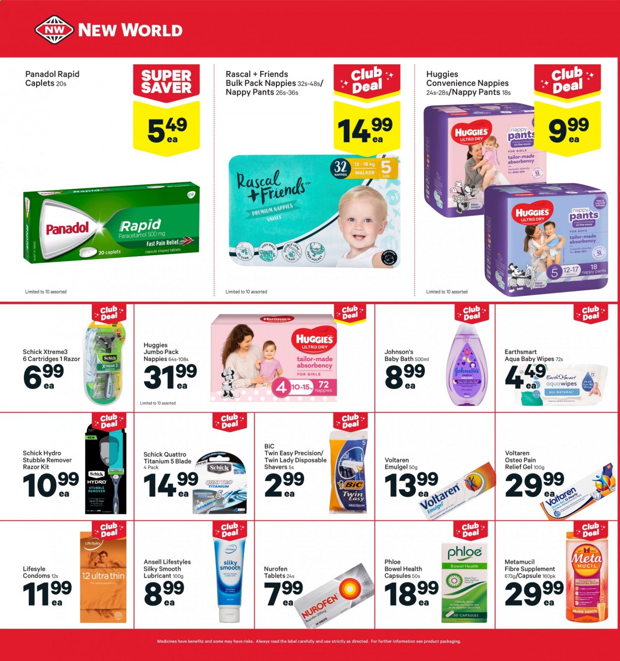 thumbnail - New World mailer - 05.07.2021 - 11.07.2021 - Sales products - wipes, Huggies, pants, baby wipes, nappies, Johnson's, baby bath, BIC, razor, Schick, pain relief, Nurofen, Metamucil. Page 22.