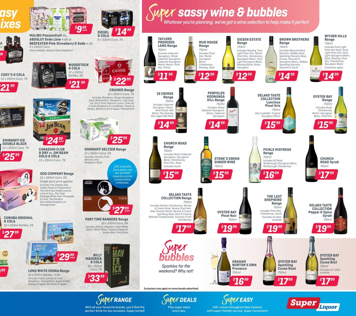 thumbnail - Super Liquor mailer - 05.07.2021 - 18.07.2021 - Sales products - Cabernet Sauvignon, red wine, Riesling, white wine, prosecco, Chardonnay, wine, Merlot, Pinot Noir, Cuvée, Wither Hills, Syrah, Moscato, Shiraz, Pinot Grigio, Sauvignon Blanc, rosé wine, rum, Smirnoff, vodka, Absolut, Beefeater, BROTHERS, Malibu, gin & tonic, Jim Beam, Hard Seltzer. Page 4.