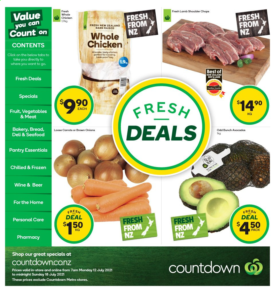 thumbnail - Countdown mailer - 12.07.2021 - 18.07.2021 - Sales products - carrots, onion, avocado, wine, beer, whole chicken, lamb meat, lamb shoulder, bag. Page 1.