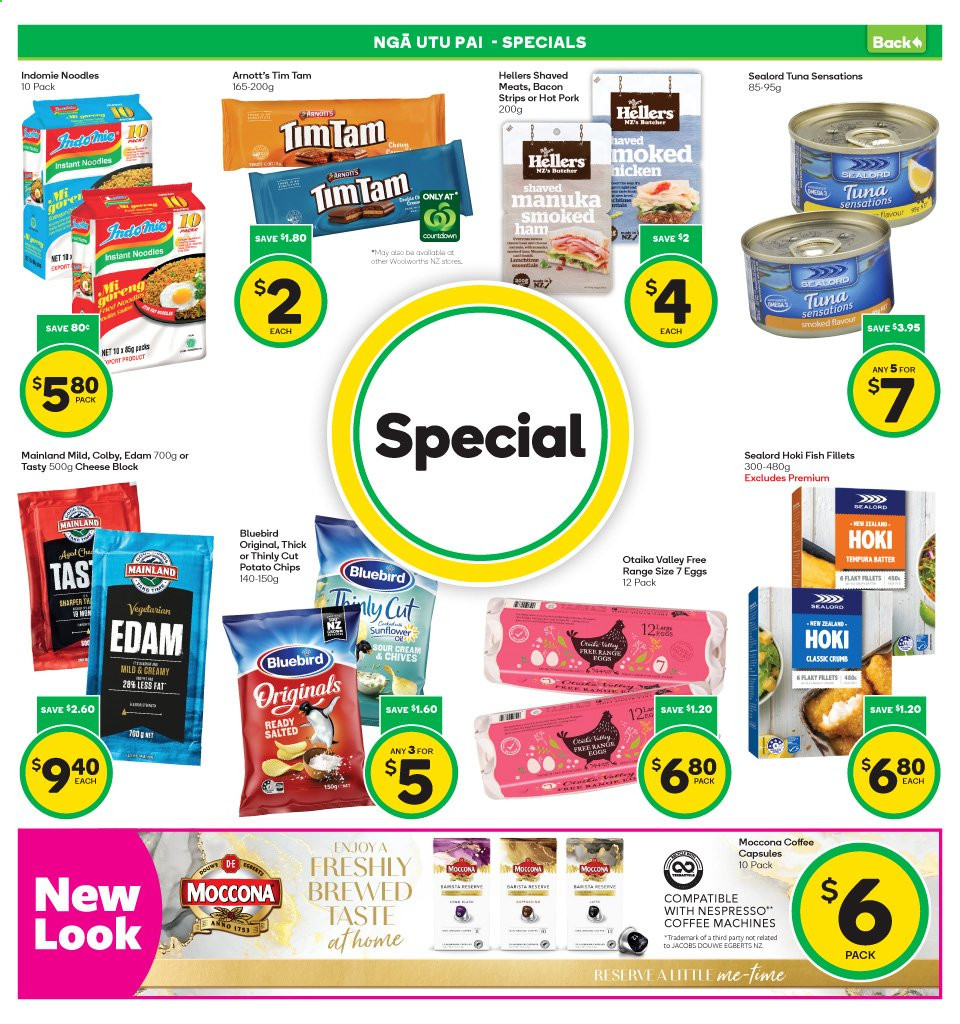 thumbnail - Countdown mailer - 12.07.2021 - 18.07.2021 - Sales products - chives, fish fillets, tuna, fish, Sealord, hoki fish, noodles, bacon, ham, smoked ham, Colby cheese, edam cheese, cheese, strips, Tim Tam, potato chips, chips, Bluebird, sealord tuna, Jacobs, Douwe Egberts, Moccona, coffee capsules, sunflower. Page 3.