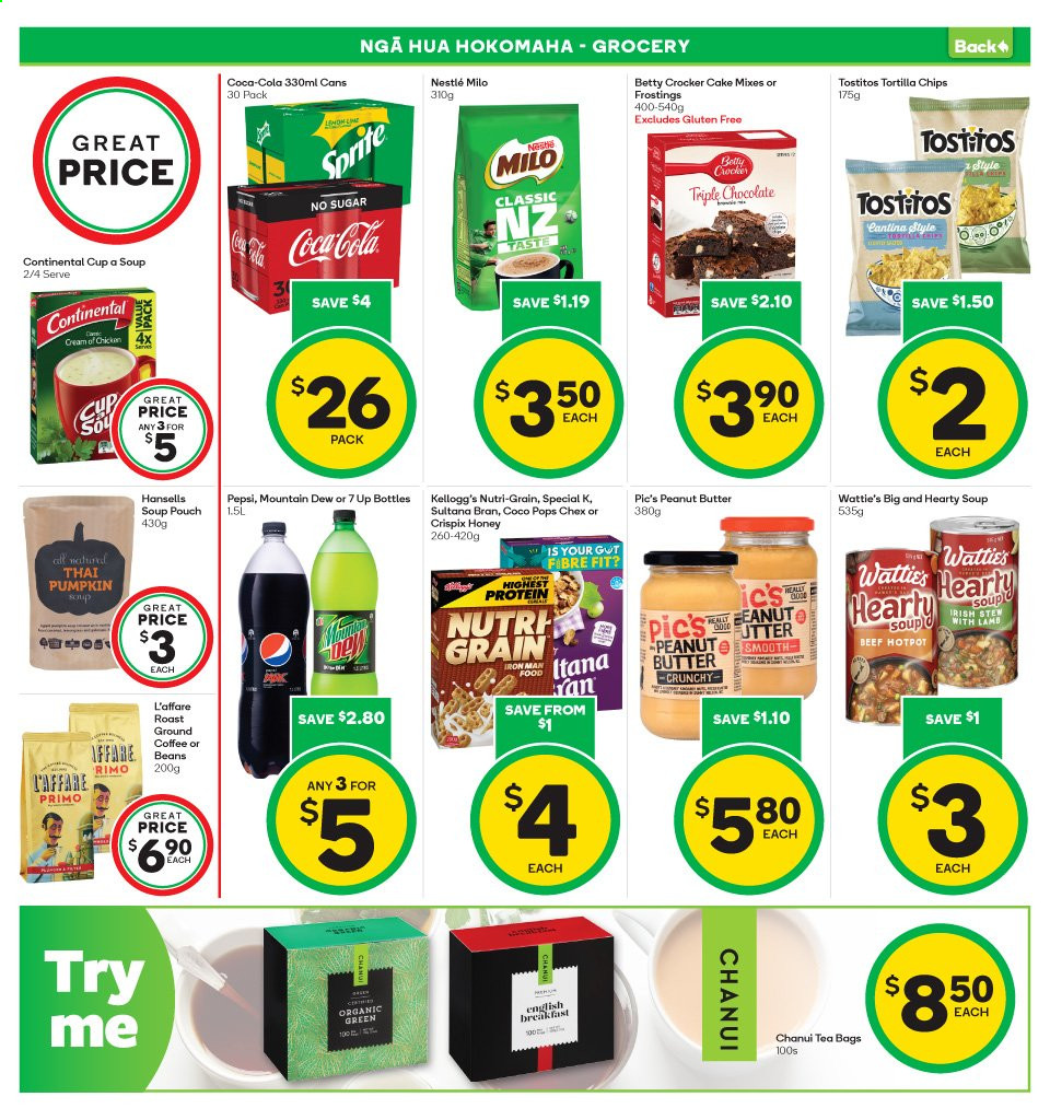 thumbnail - Countdown mailer - 12.07.2021 - 18.07.2021 - Sales products - cake, soup, Wattie's, Continental, Milo, Nestlé, chocolate, Kellogg's, tortilla chips, chips, Tostitos, coco pops, Nutri-Grain, honey, peanut butter, Coca-Cola, Mountain Dew, Sprite, Pepsi, 7UP, tea bags, coffee. Page 7.