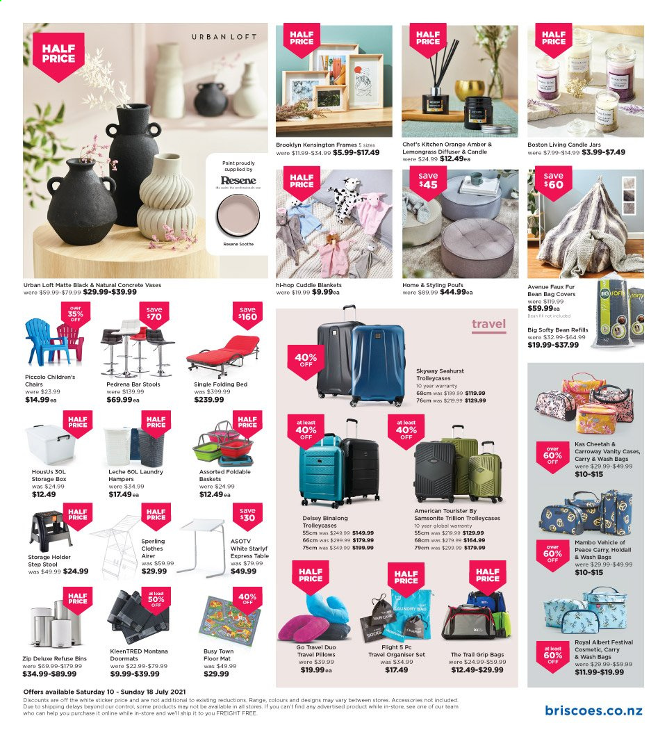 thumbnail - Briscoes mailer - 10.07.2021 - 18.07.2021 - Sales products - storage box, table, stool, chair, bar stool, bean bag, bed, folding bed, vanity, vase, candle, diffuser, blanket, pillow. Page 5.