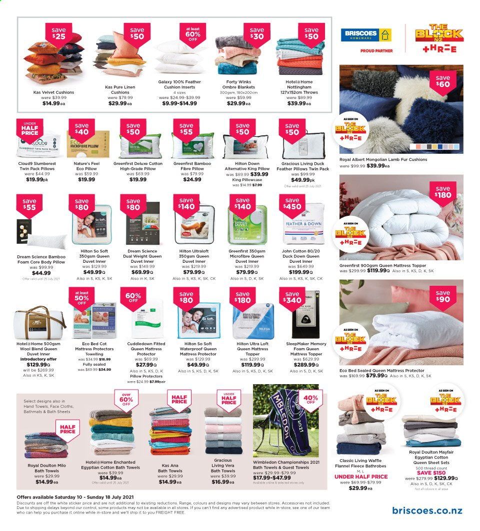 thumbnail - Briscoes mailer - 10.07.2021 - 18.07.2021 - Sales products - bed, topper, mattress protector, cushion, blanket, duvet, linens, pillow, pillowcase, queen sheet, bath towel, towel, hand towel. Page 7.