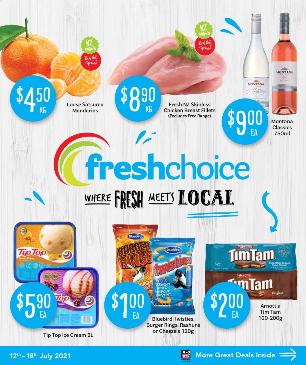 thumbnail - Fresh Choice mailer - 12.07.2021 - 18.07.2021 - Sales products - Tip Top, mandarines, hamburger, ice cream, Tim Tam, Bluebird, chicken breasts. Page 1.