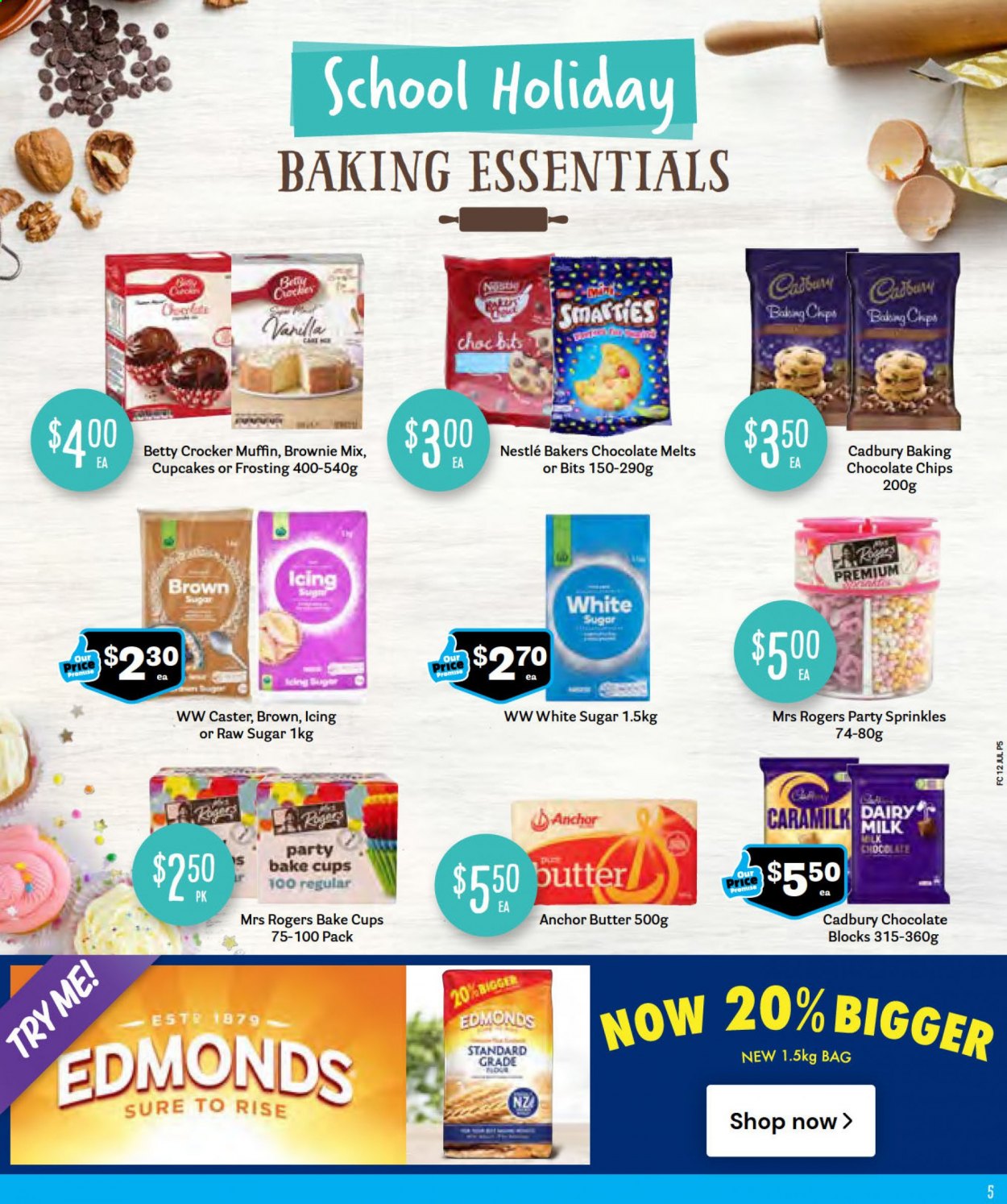 thumbnail - Fresh Choice mailer - 12.07.2021 - 18.07.2021 - Sales products - cupcake, muffin, brownie mix, butter, Anchor, milk chocolate, Nestlé, Cadbury, frosting, Raw Sugar, Sure. Page 5.
