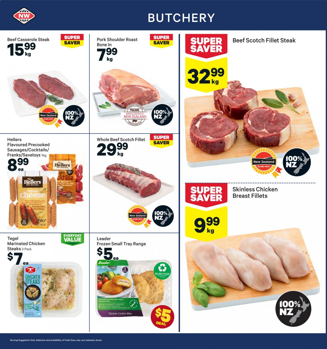 thumbnail - New World mailer - 12.07.2021 - 18.07.2021 - Sales products - garlic, ham, sausage, cheese, cage free eggs, cordon bleu, rosemary, marinated chicken, beef meat, steak, roast beef, pork meat, pork roast, pork shoulder. Page 8.
