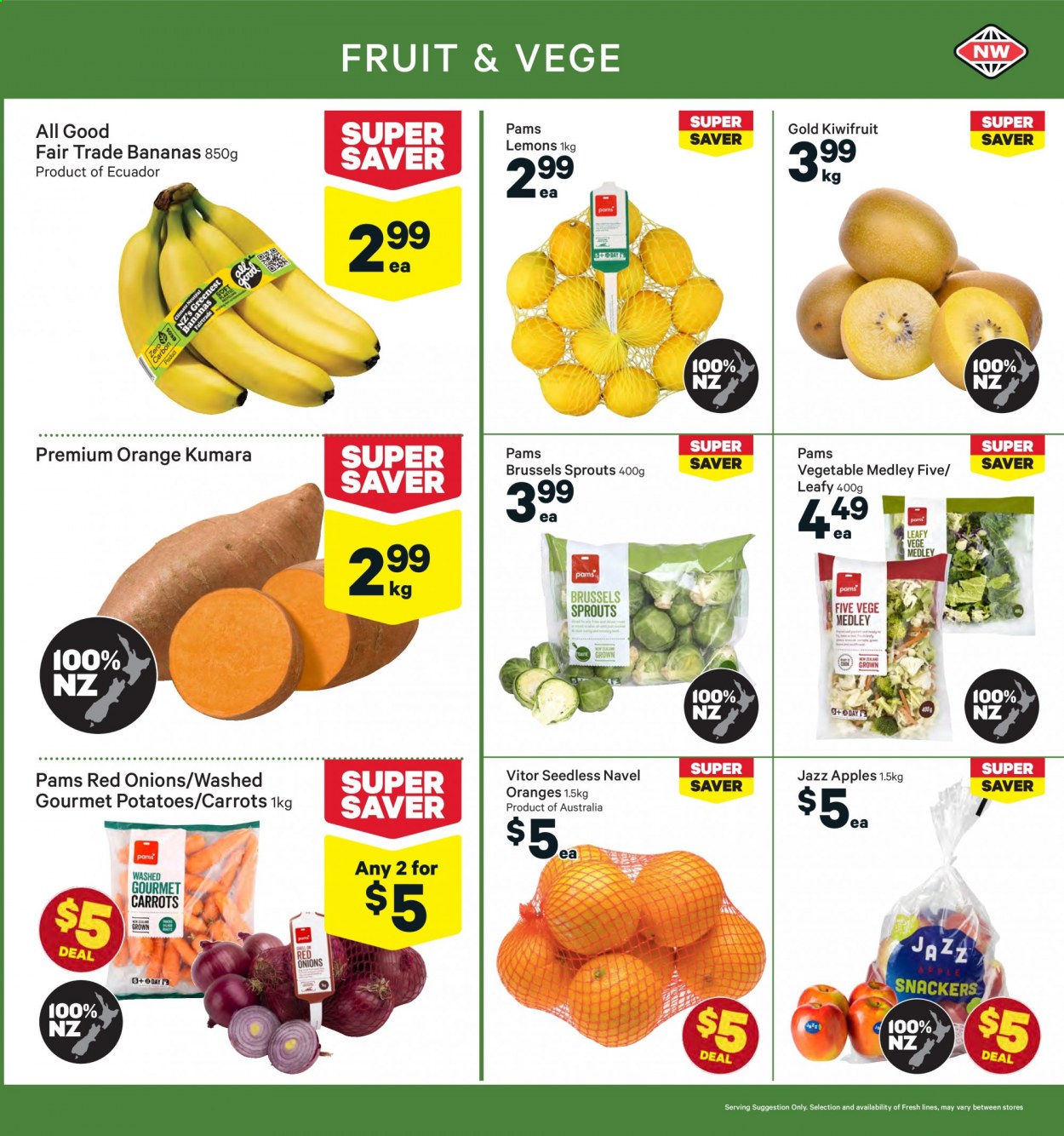 thumbnail - New World mailer - 12.07.2021 - 18.07.2021 - Sales products - carrots, red onions, potatoes, onion, brussel sprouts, bananas, kiwi, oranges, apples, lemons. Page 9.