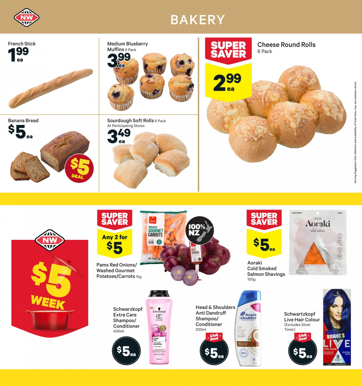 thumbnail - New World mailer - 12.07.2021 - 18.07.2021 - Sales products - bread, muffin, banana bread, carrots, red onions, potatoes, onion, salmon, smoked salmon, cheese, brie, Silk, cheese sticks, shampoo, Schwarzkopf, conditioner, Head & Shoulders, hair color. Page 12.