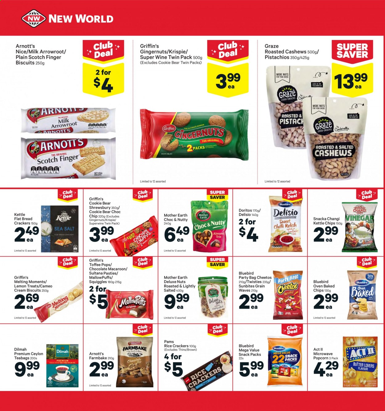 thumbnail - New World mailer - 12.07.2021 - 18.07.2021 - Sales products - bread, milk, chocolate, snack, toffee, crackers, biscuit, MallowPuffs, Griffin's, Mother Earth, Doritos, Cheetos, chips, Thins, Bluebird, popcorn, Delisio, Sunbites, rice crackers, cashews, pistachios, Graze, tea bags, wine. Page 16.