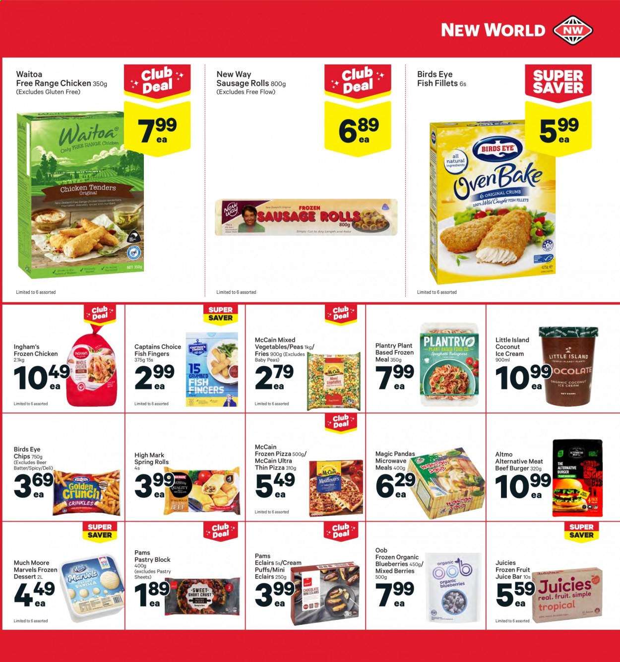 thumbnail - New World mailer - 12.07.2021 - 18.07.2021 - Sales products - sausage rolls, puffs, cream puffs, peas, blueberries, coconut, fish fillets, fish, fish fingers, fish sticks, pizza, hamburger, spring rolls, Bird's Eye, beef burger, sausage, ice cream, Much Moore, mixed vegetables, McCain, potato fries, juice, fruit juice, beer. Page 23.