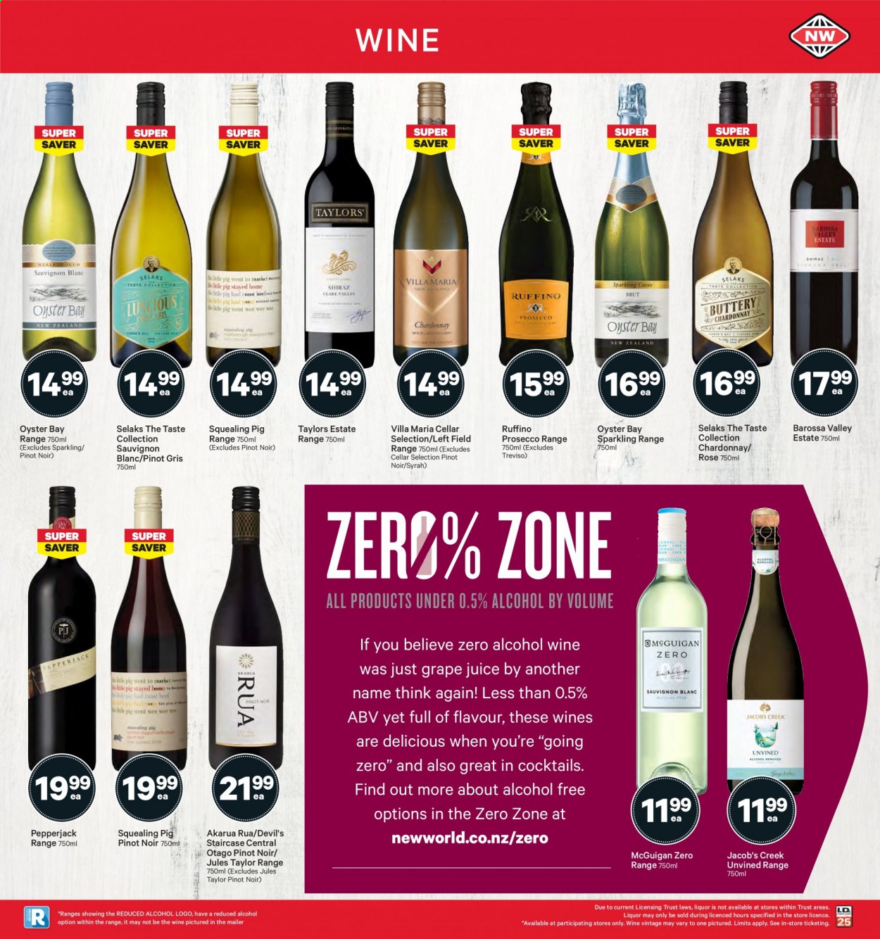 thumbnail - New World mailer - 12.07.2021 - 18.07.2021 - Sales products - oysters, Pepper Jack cheese, juice, red wine, white wine, prosecco, Chardonnay, wine, Pinot Noir, Jules Taylor, Syrah, Jacob's Creek, Pinot Grigio, Sauvignon Blanc, rosé wine. Page 33.